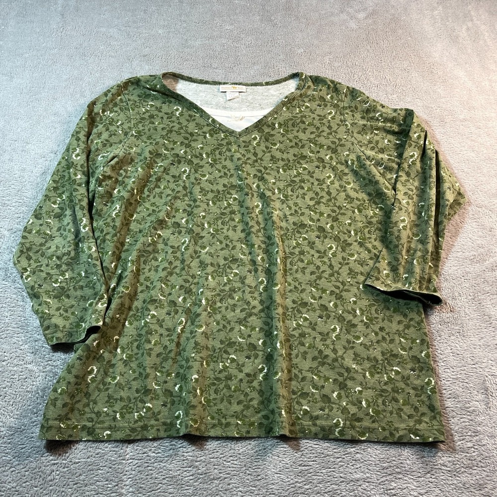 Vtg Hunters Run L Green Blouse USA‎ Equestrian Floral Barn Fairy Outdoorsy Farm